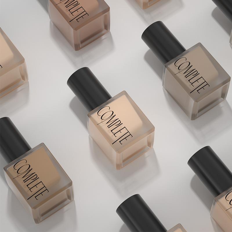 30ml square glass liquid foundation bottle with matte finish and white pump, premium cosmetic packaging design for private label beauty brands.