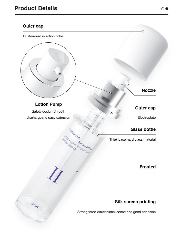 Detailed view of smooth discharge lotion pump with silver electroplated collar