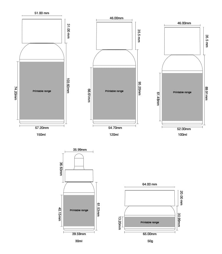 Printable range dimensions for 30ml dropper bottle and 50g cosmetic jar