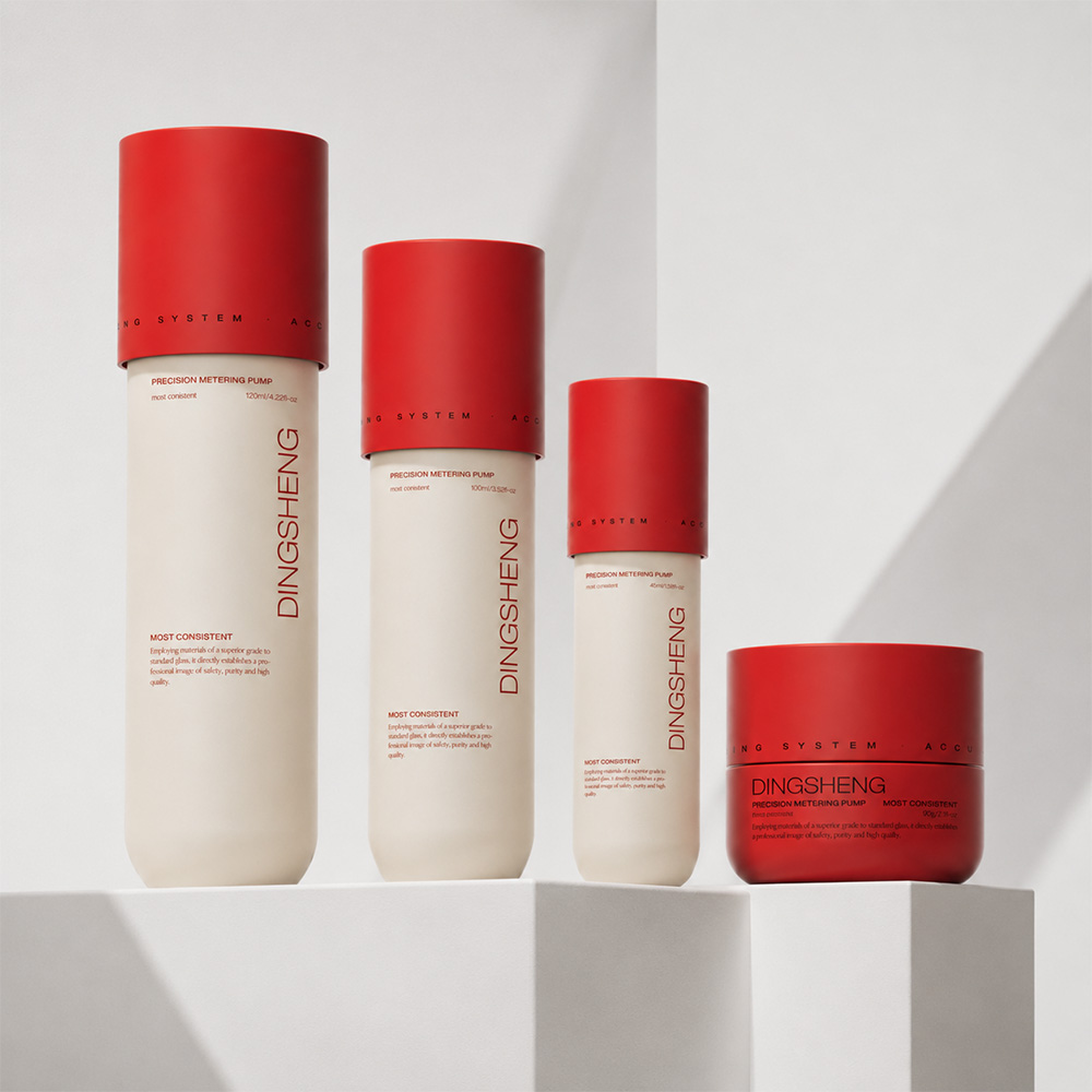 Matte Beige Glass Cosmetic Pump Bottles with Red Caps Matte Beige Glass Cosmetic Pump Bottles with Red Caps