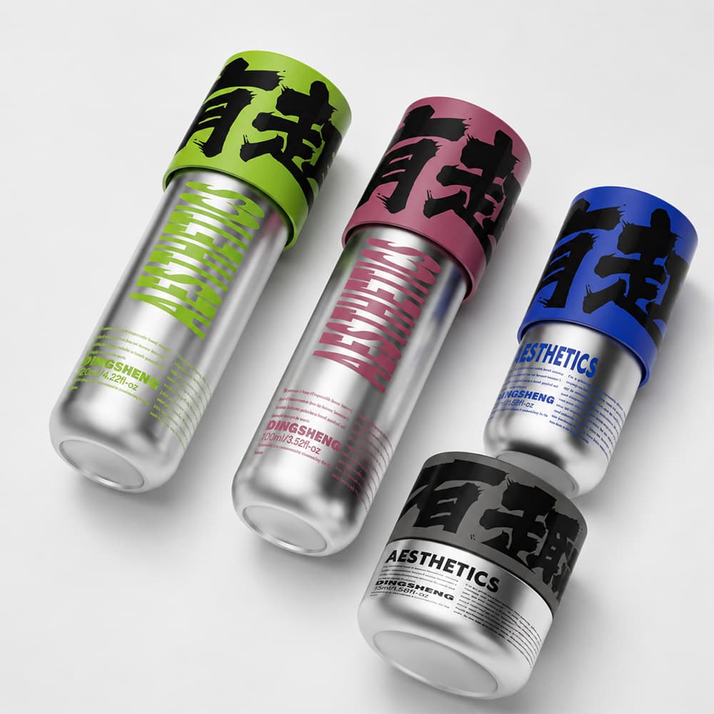 Metallic Silver Glass Cosmetic Bottles with Neon Caps