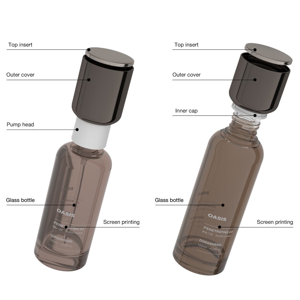 Empty green dual-layer glass serum and lotion bottles