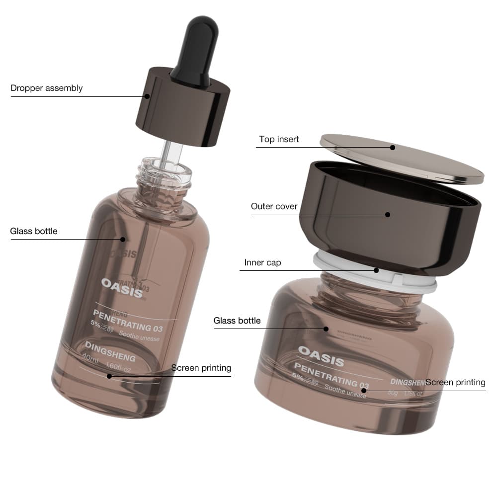 Green double-wall glass cream jar and dropper bottle set