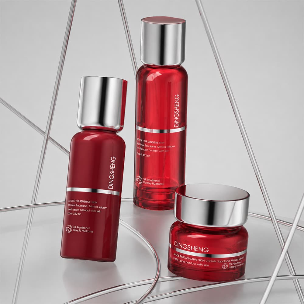 Translucent Ruby Red Cosmetic Bottles